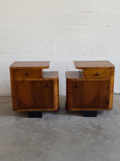 Pair of Art Deco Walnut-Veneered Bedside Tables, 20th C.