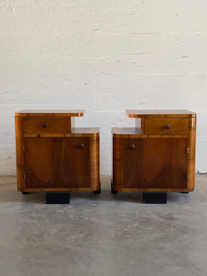 Pair of Art Deco Walnut-Veneered Bedside Tables, 20th C.