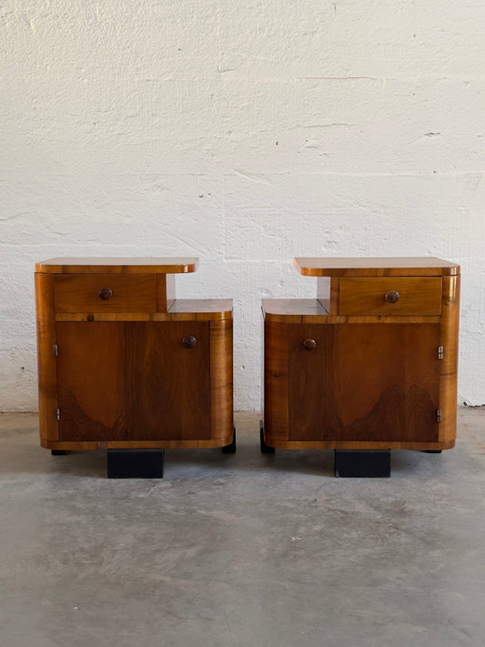 Pair of Art Deco Walnut-Veneered Bedside Tables, 20th C.