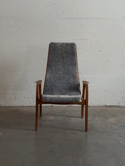 Yngve Ekström Lamino Armchair With Footstool, Oak And Gray Sheepskin c. 1970