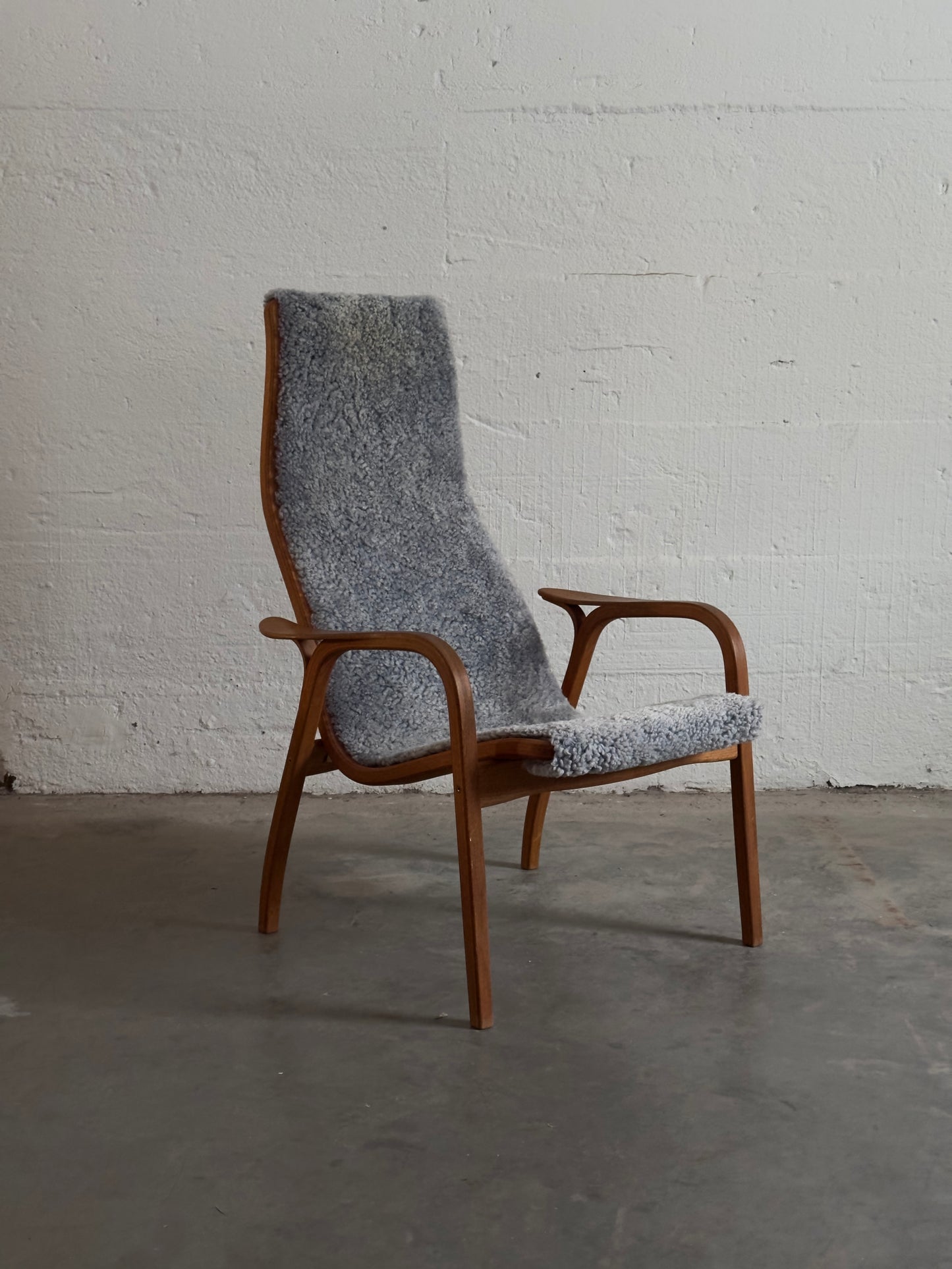 Yngve Ekström Lamino Armchair With Footstool, Oak And Gray Sheepskin c. 1970