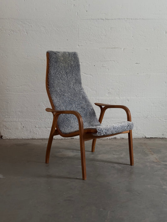 Yngve Ekström Lamino Armchair With Footstool, Oak And Gray Sheepskin c. 1970