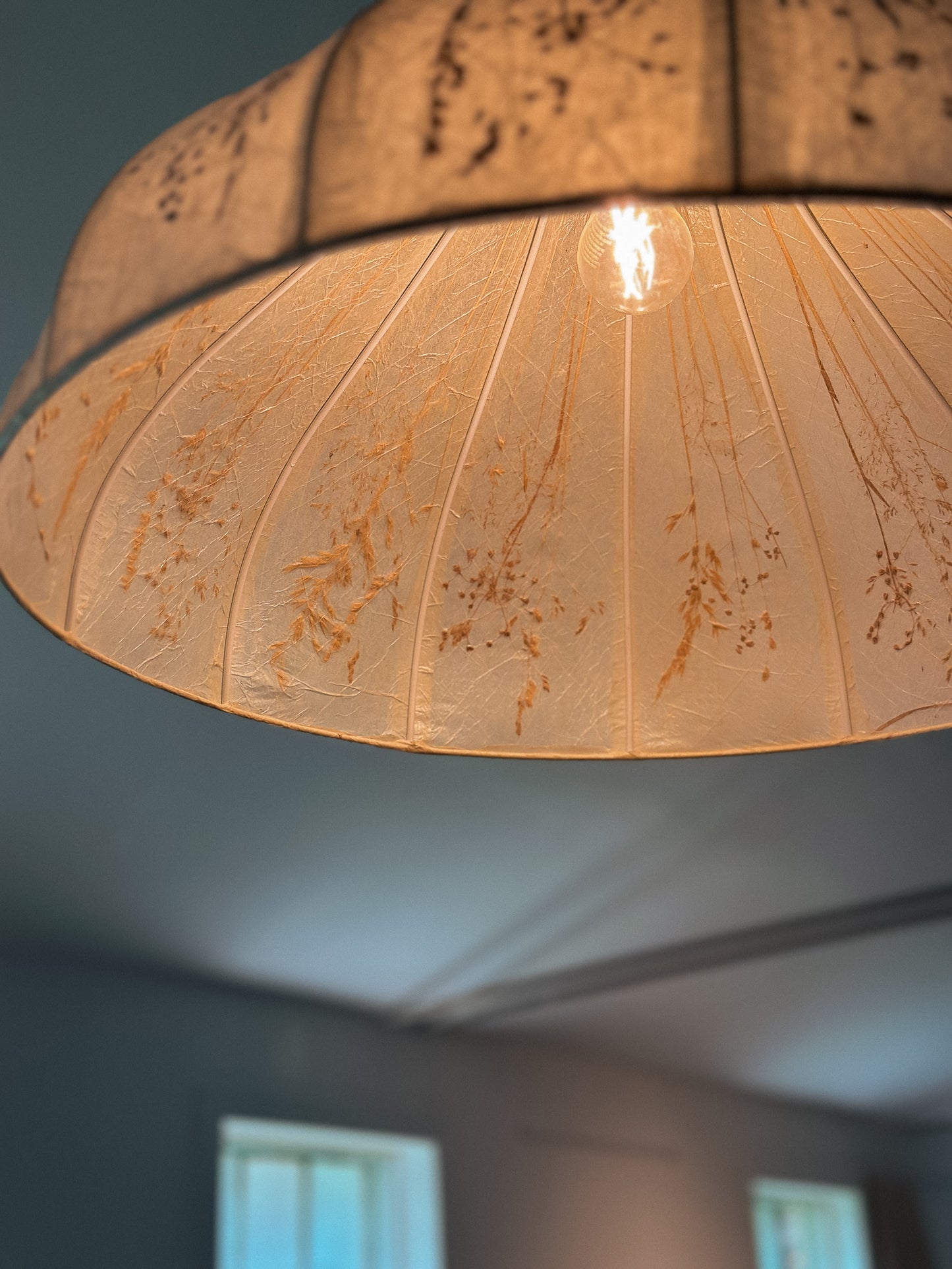 Vintage Dried Flowers and Rice Paper Malmsten Ceiling Lamp, Swedish