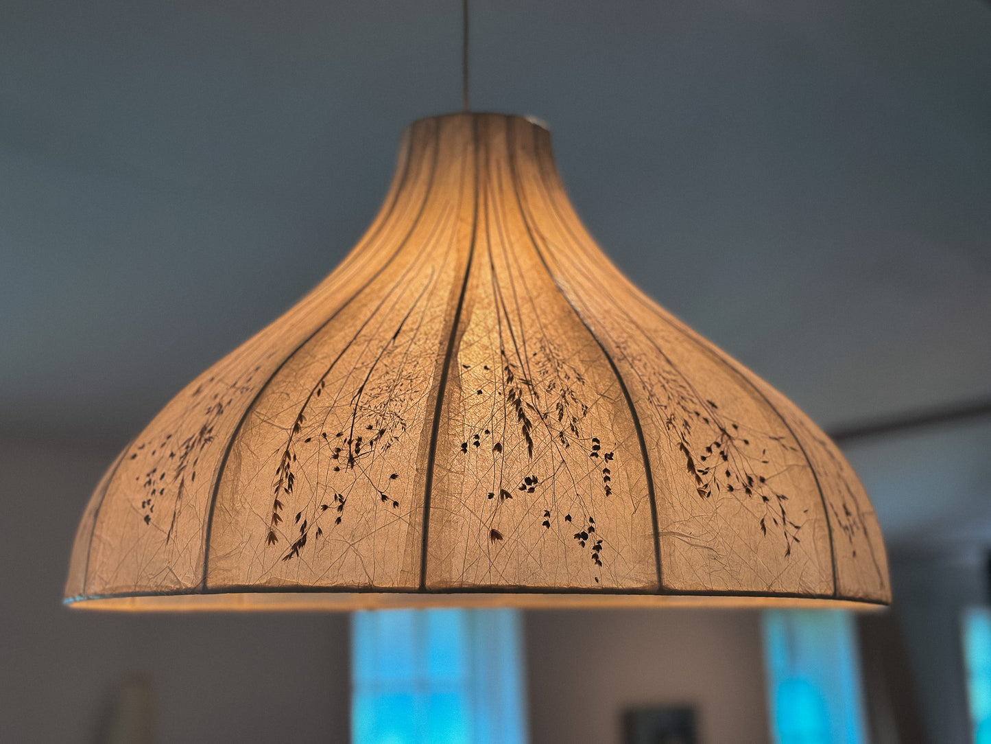 Vintage Dried Flowers and Rice Paper Malmsten Ceiling Lamp, Swedish