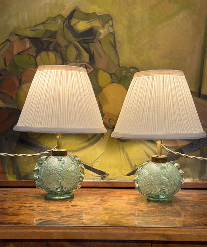 Pair of Green Bubble Glass Table Lamps by Ture Berglund for Stockholms Glasbruk, Sweden, c. 1930