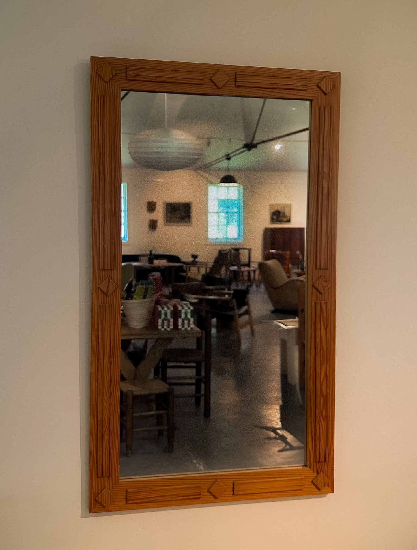 Pine Scandi Mirror with Carved Detailing, Mid 20th C