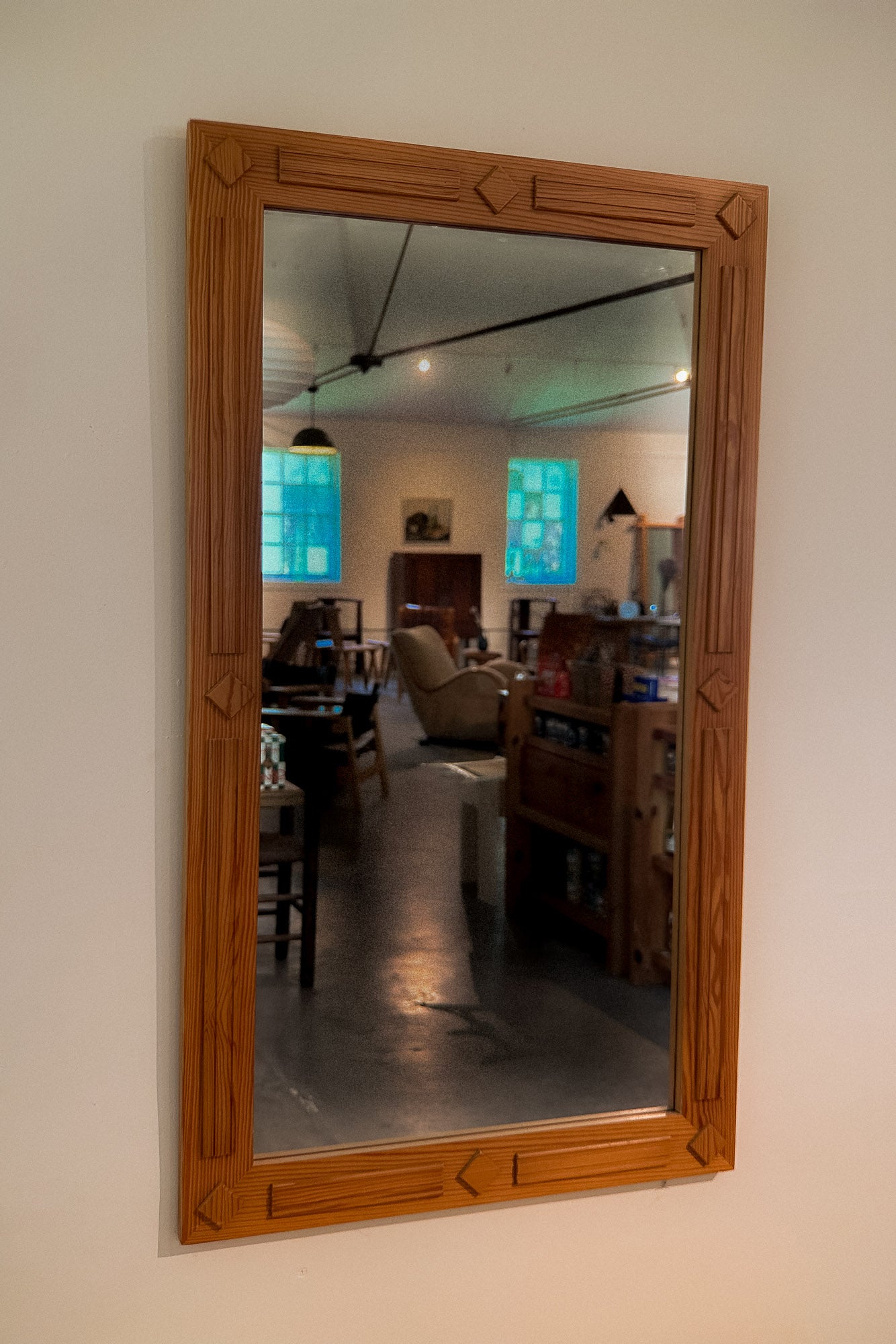 Pine Scandi Mirror with Carved Detailing, Mid 20th C