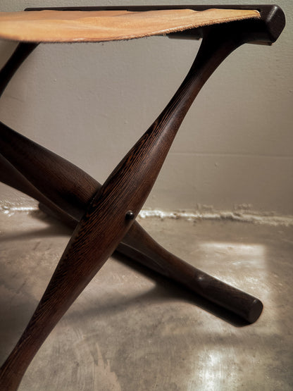 Poul Hundevad Guldhoj Folding Stool, Wengé & Natural Leather c. 1970