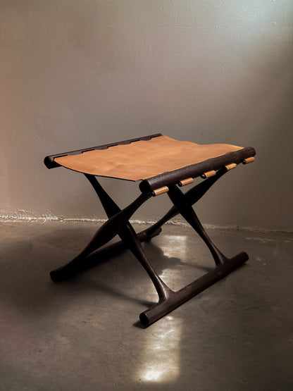 Poul Hundevad Guldhoj Folding Stool, Wengé & Natural Leather c. 1970