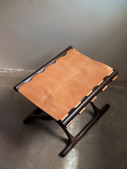Poul Hundevad Guldhoj Folding Stool, Wengé & Natural Leather c. 1970