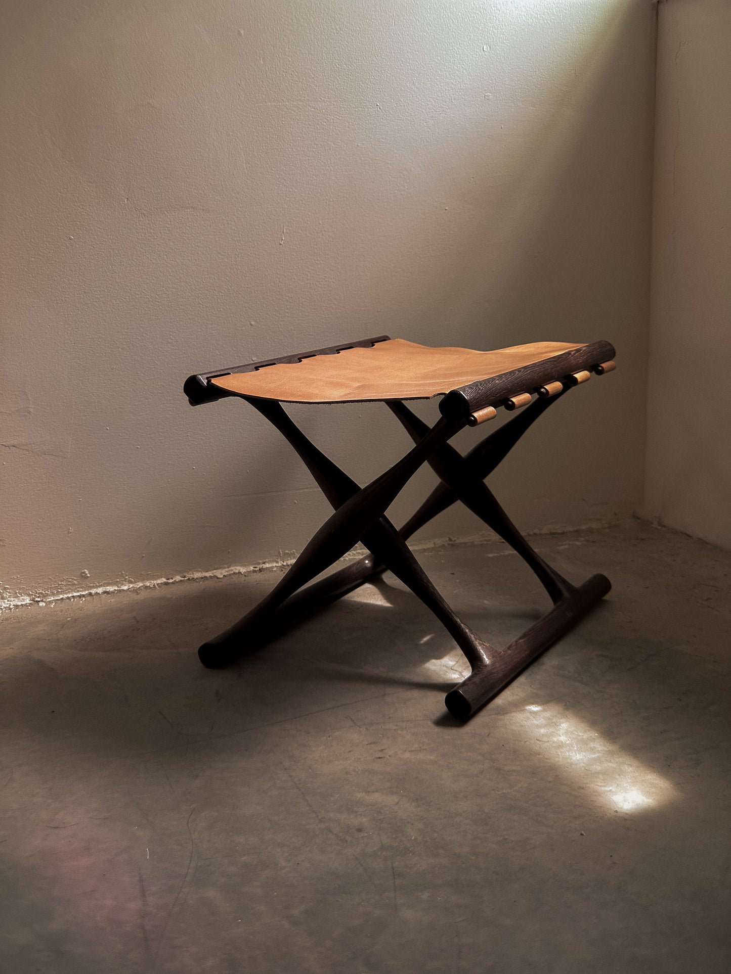 Poul Hundevad Guldhoj Folding Stool, Wengé & Natural Leather c. 1970