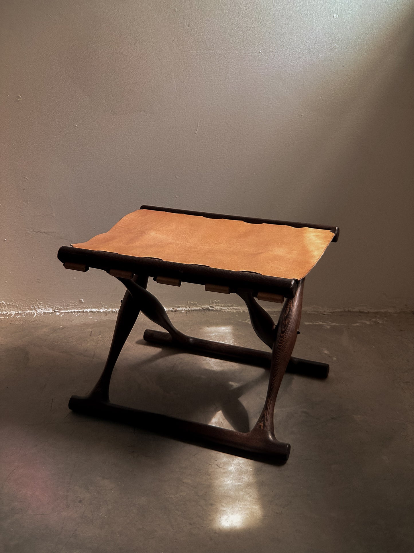 Poul Hundevad Guldhoj Folding Stool, Wengé & Natural Leather c. 1970