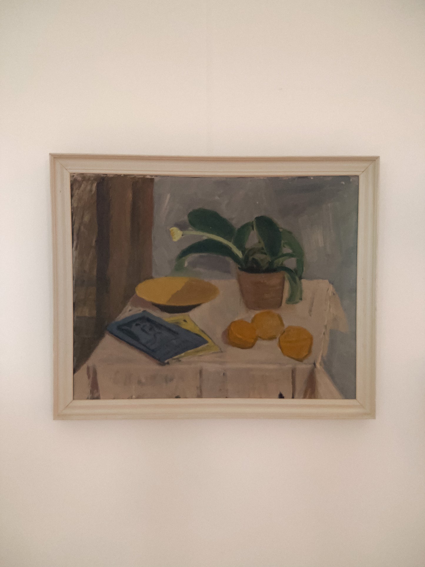 Still Life with Potted Plant and Fruit, Oil on Canvas, Mid 20th C
