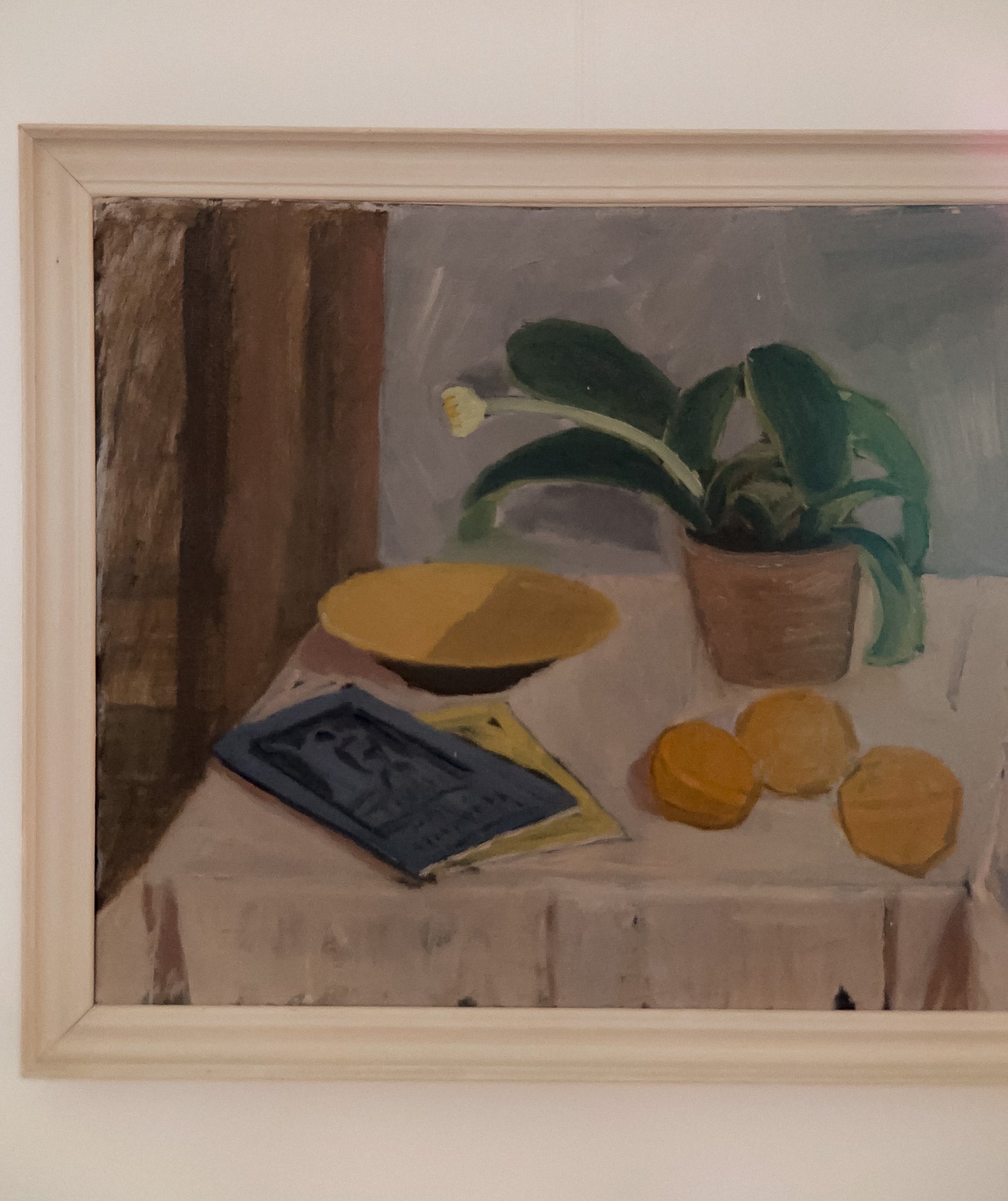 Still Life with Potted Plant and Fruit, Oil on Canvas, Mid 20th C
