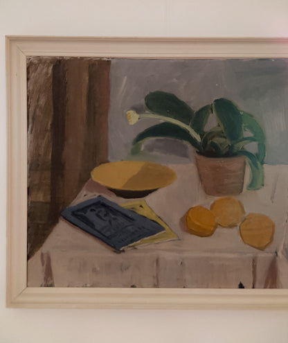 Still Life with Potted Plant and Fruit, Oil on Canvas, Mid 20th C