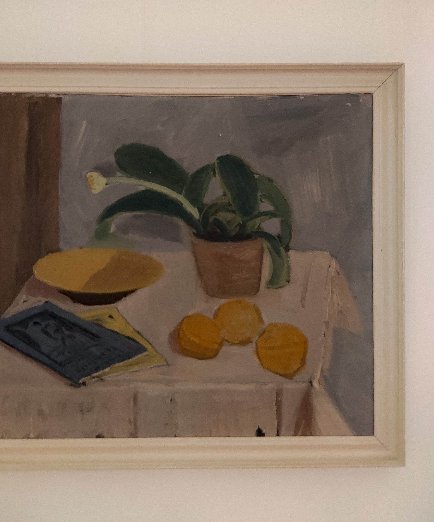Still Life with Potted Plant and Fruit, Oil on Canvas, Mid 20th C
