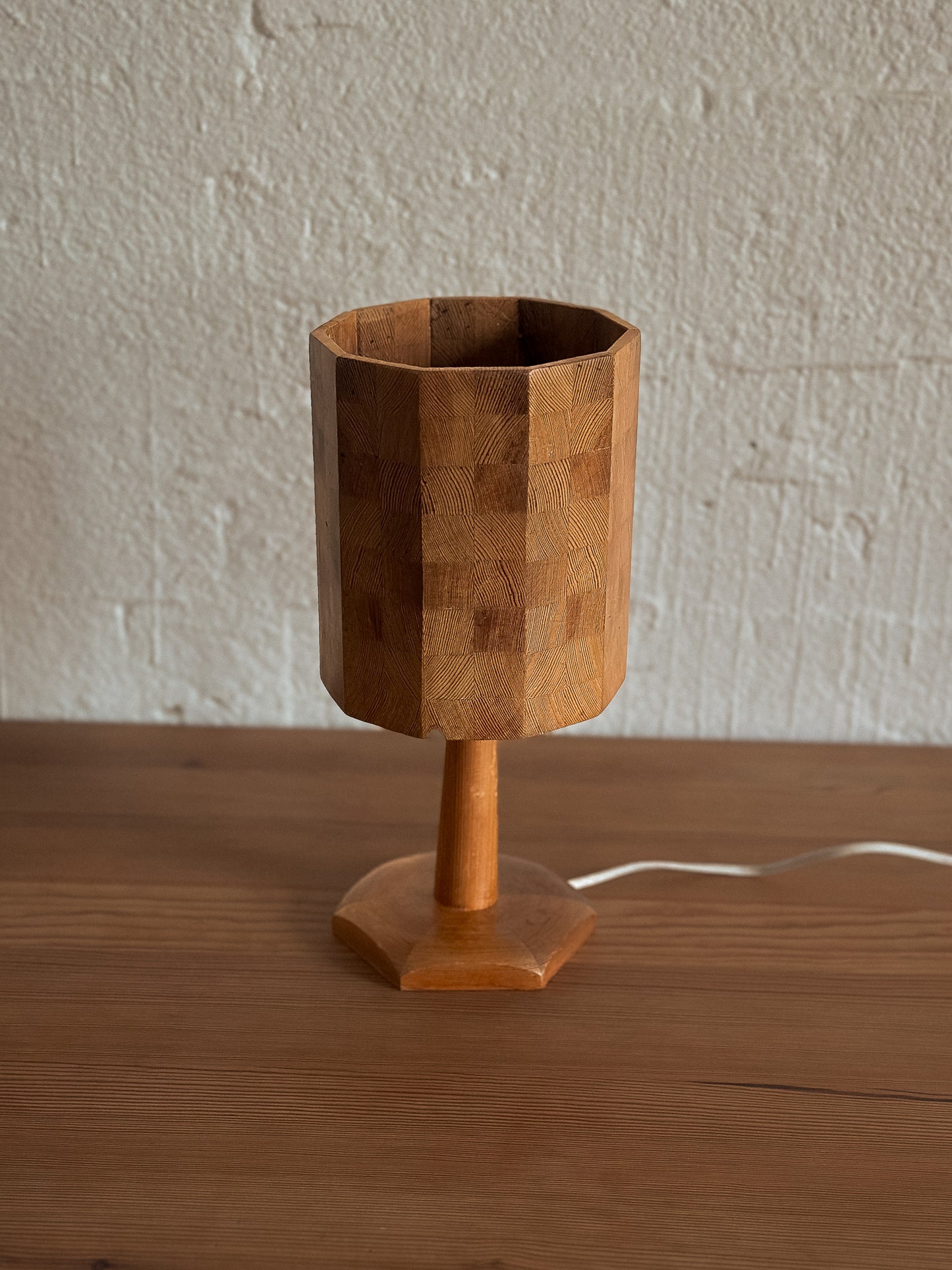 Vintage Scandinavian Faceted Pine Table Lamp, c.1970