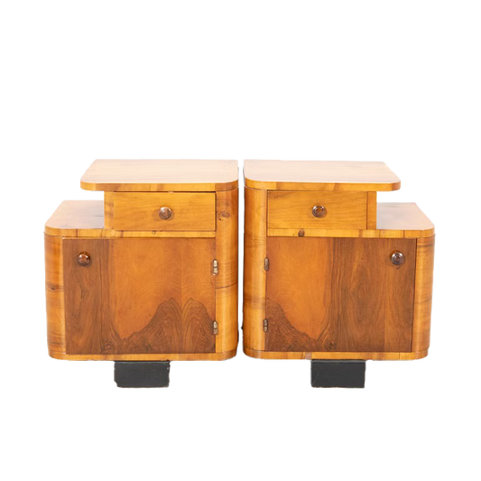 Pair of Art Deco Walnut-Veneered Bedside Tables, 20th C. (Coming Soon)
